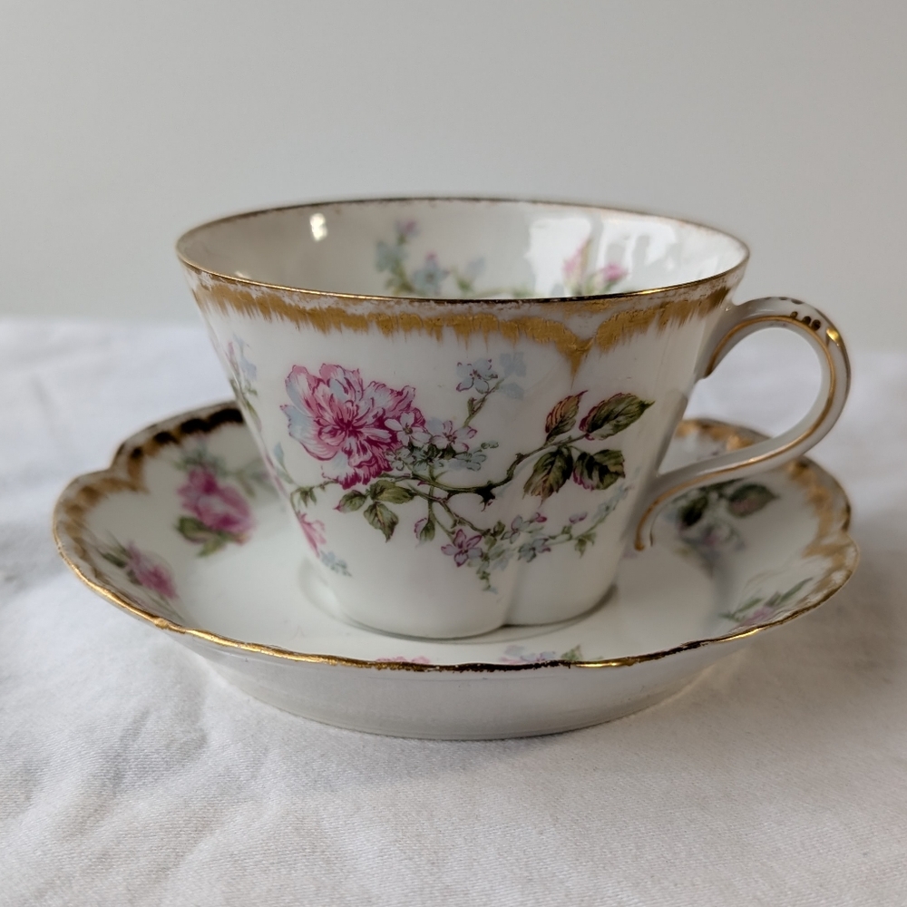 Haviland & Co Limoges Porcelain Pink Floral Gold Detail Flat Cup & Saucer Set